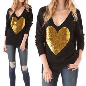 Wildfox Sweater Plunging V Neck Gold Sequins Heart Graphic Black Womens Medium